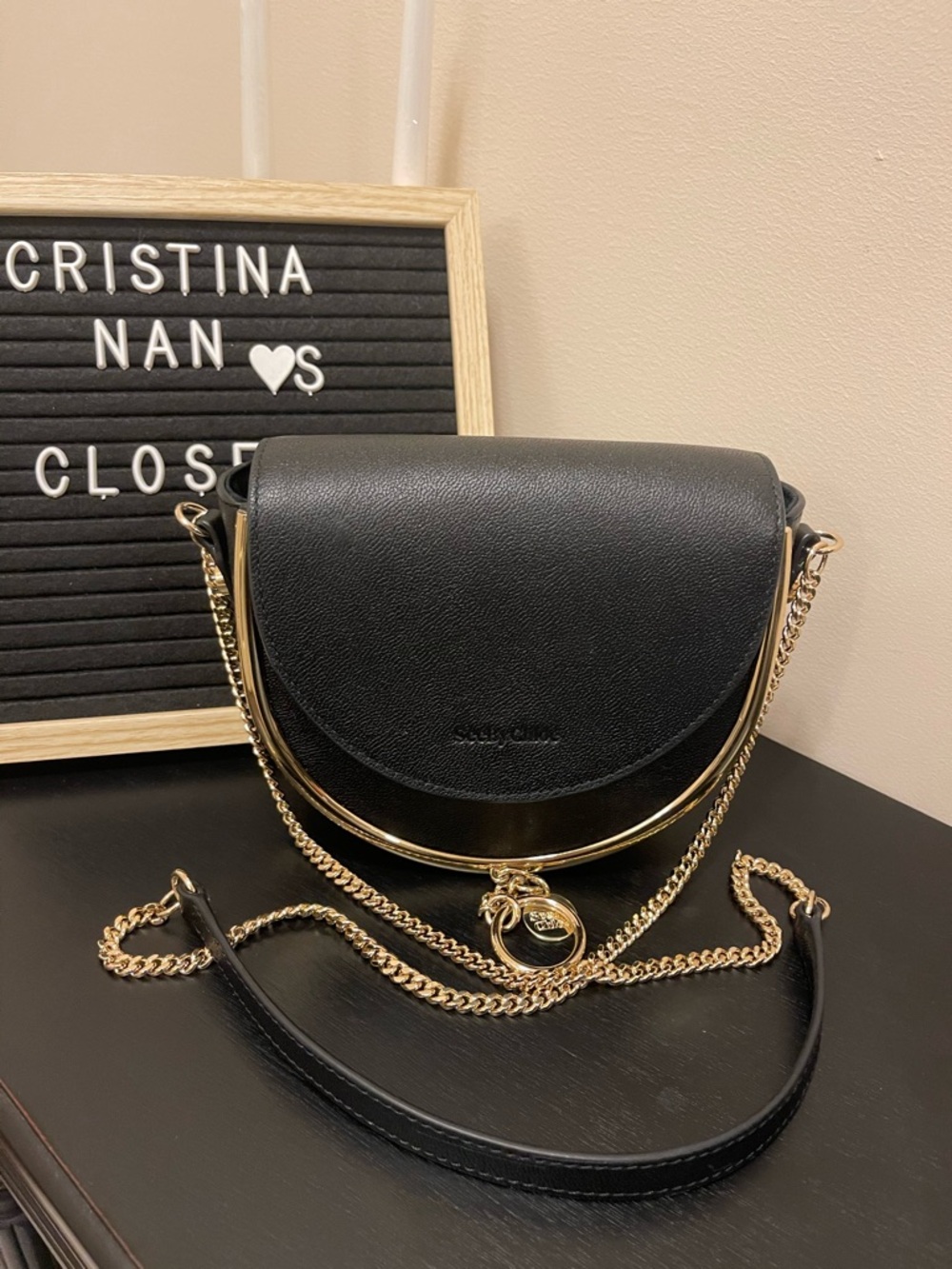 Saddle Crossbody Bag in Black with Gold Trim